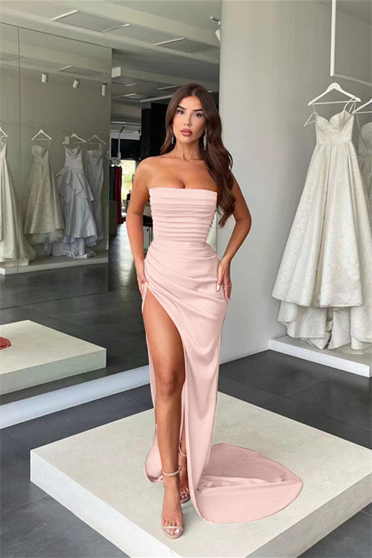 Coral Strapless Mermaid Prom Dress with Split Pleats BM bride