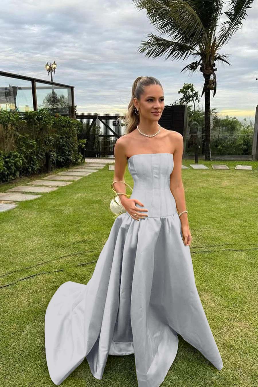 Chic Strapless Sleeveless Bateau Long Prom Dress With Pleated BMBRIDE