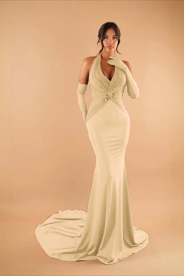 Halter Sleeveless Long Mermaid Prom Dress With Pleated Gloves BMBRIDE