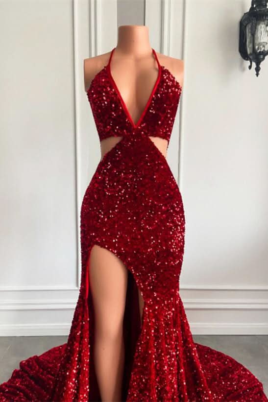 Wine Red Halter Sequins Mermaid Prom Dress with Split BM bride