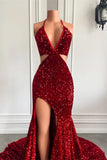 Wine Red Halter Sequins Mermaid Prom Dress with Split BM bride
