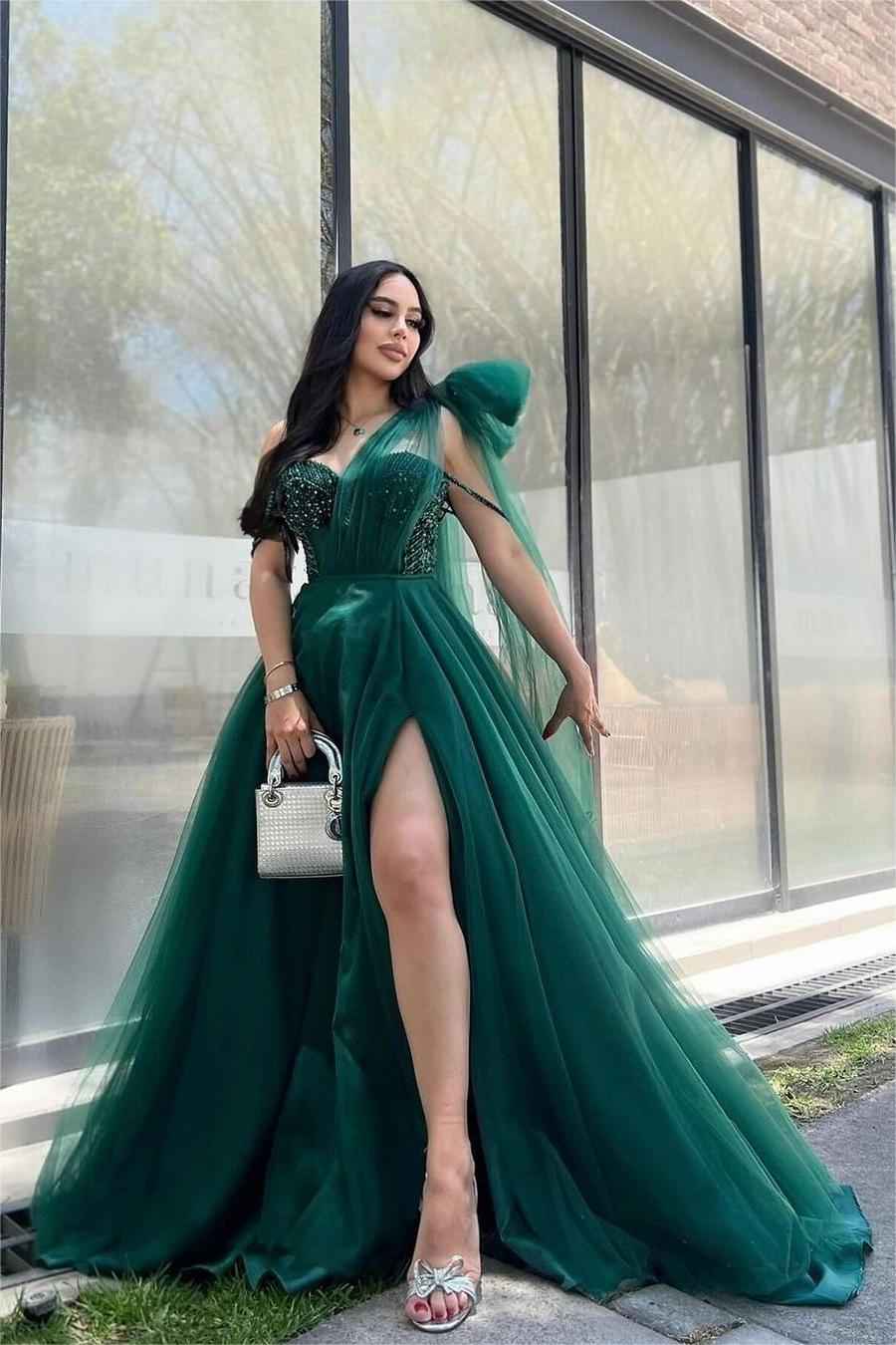 Stunning One Shoulder Sleeveless Long Split Tulle Prom Dress With Beading