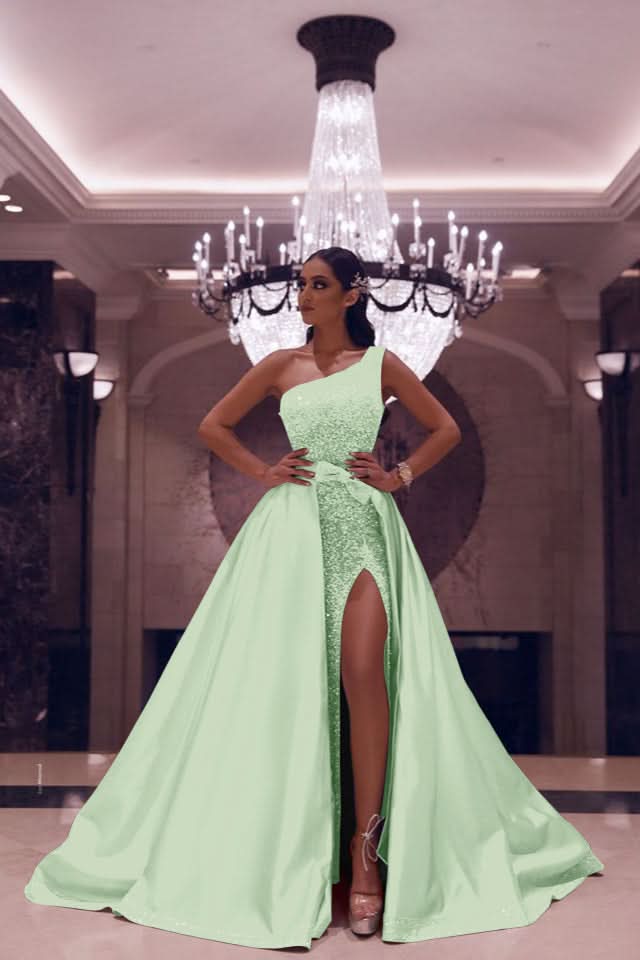 Silvery One-Shoulder Long Mermaid Prom Dress with Split and Sequins BM bride