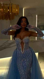 Charming Blue Strapless Sleeveless Long Mermaid Prom Dress with Beadings