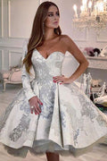 Short A-Line One-Shoulder Floral Pattern Wedding Dress with Sleeves BM bride