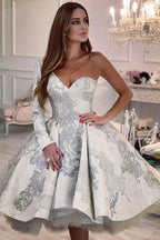 Short A-Line One-Shoulder Floral Pattern Wedding Dress with Sleeves BM bride