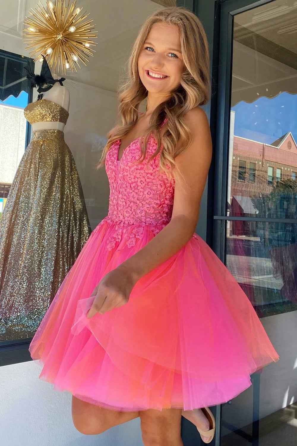 Hot Pink A-Line Tulle Short Homecoming Dress with Lace Bmbride