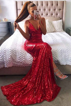 Red Sequins Spaghetti Strap Backless Sleeveless Long Prom Dress With Split