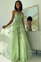 Lovely Sage Green V Neck Tulle A-Line Long Prom Dress with Appliques BM bride