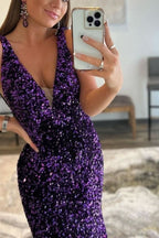 Purple V-Neck Long Sequined Mermaid Prom Dress BM bride