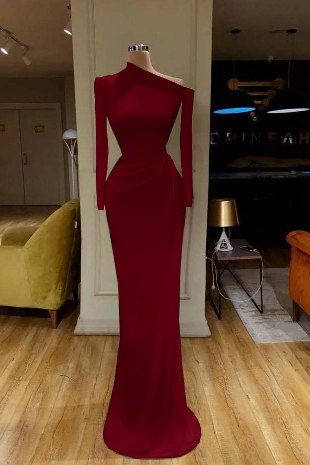 Charming White One Shoulder Mermaid Long Sleeves Prom Dress With Pleated BMBRIDE