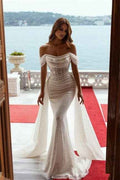 Sequins Off the Shoulder Strapless Sleeveless Prom Dress Mermaid With Pleated