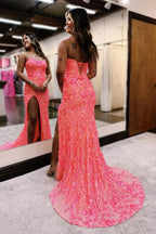 Gorgeous Fuchsia Strapless Sequins Lace Mermaid Prom Dress with Slit BM bride