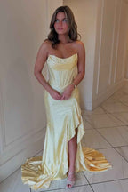 Strapless Sleeveless Long Mermaid Prom Dress With Split Beading