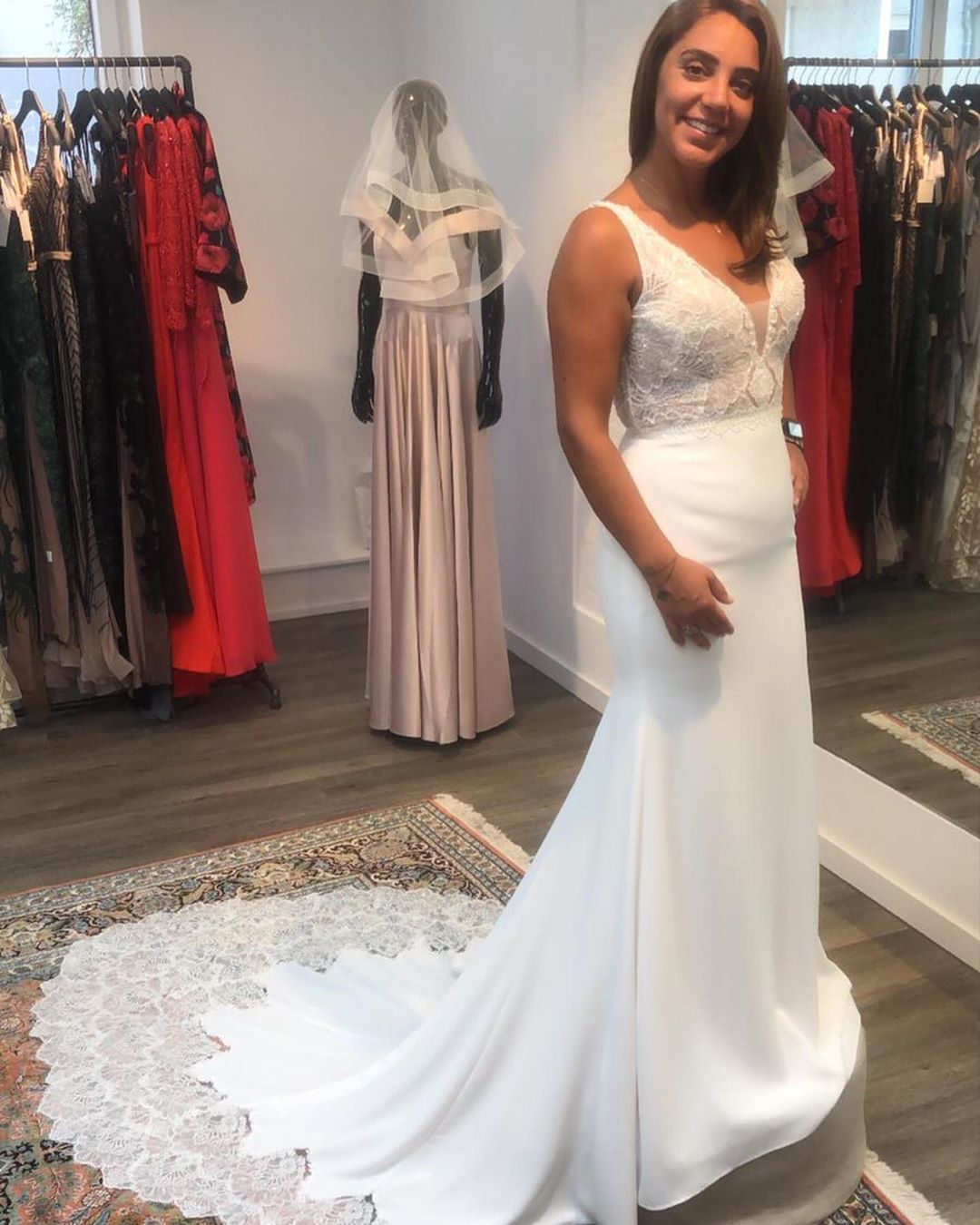 V-Neck Open Back Spaghetti Strap Mermaid Wedding Dress with Floor-Length Satin and Lace Appliques BM bride