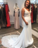 V-Neck Open Back Spaghetti Strap Mermaid Wedding Dress with Floor-Length Satin and Lace Appliques BM bride