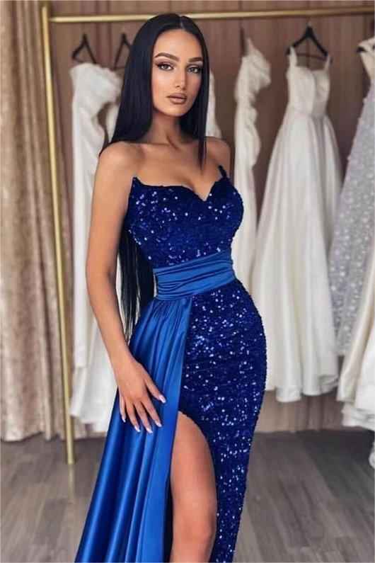 Royal Blue Sweetheart Ruffles Long Prom Dress Mermaid Sequins With Split