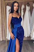 Royal Blue Sweetheart Ruffles Long Prom Dress Mermaid Sequins With Split