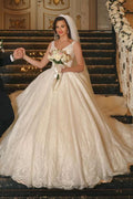 Ball Gown V-Neck Tulle Wedding Dress with Lace Appliques BM bride