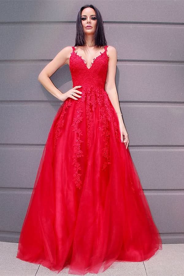 Red Sleeveless Lace Appliqued Prom Dress BM bride