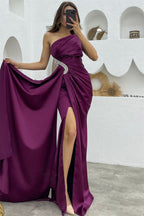 Dark Purple Sequined One Shoulder Mermaid Evening Dress with Split and Long Ruffles BM bride
