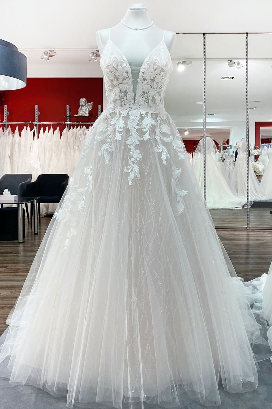 Princess V-Neck Spaghetti Strap Long Wedding Dress with Tulle Sequins and Lace Appliques BM bride