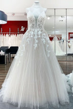Princess V-Neck Spaghetti Strap Long Wedding Dress with Tulle Sequins and Lace Appliques BM bride