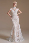 Sleeveless Mermaid Wedding Dress High-neck Lace With Sleeves BM bride