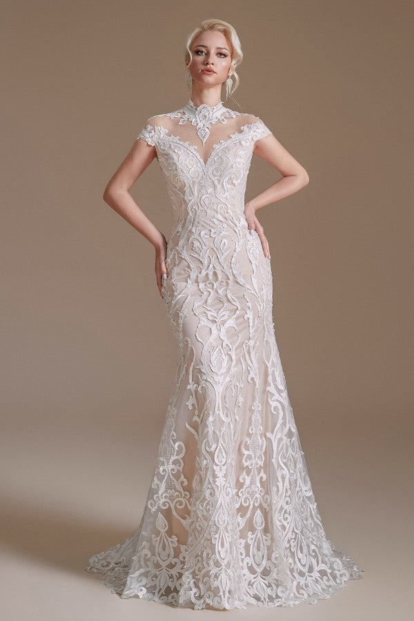 Sleeveless Mermaid Wedding Dress High-neck Lace With Sleeves BM bride