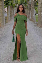 One Shoulder Sleeveless Long Mermaid Prom Dress With Split Pleated