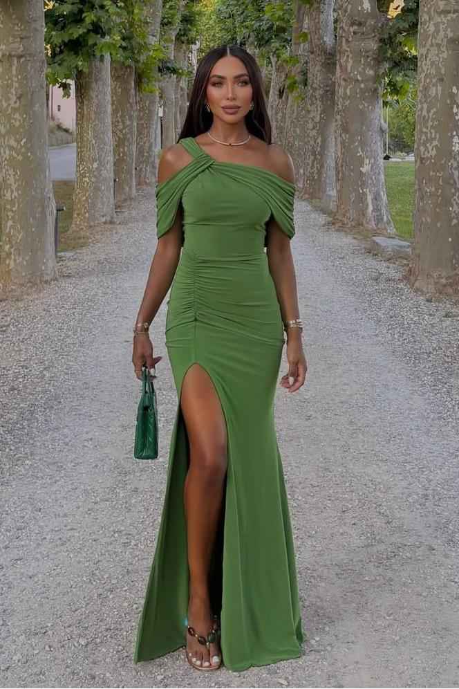 One Shoulder Sleeveless Long Mermaid Prom Dress With Split Pleated