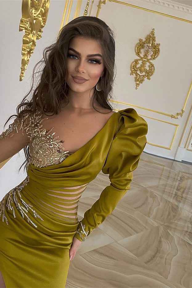 Chic Mermaid Long Sleeves Pleated Long Prom Dress Beadings With Side Split