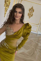 Chic Mermaid Long Sleeves Pleated Long Prom Dress Beadings With Side Split