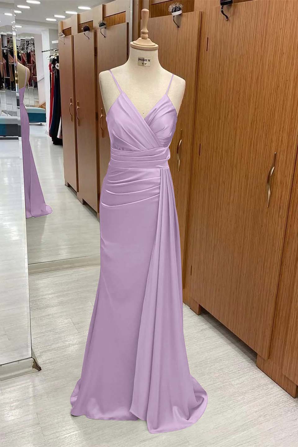 Spaghetti Strap Sleeveless Long Mermaid Prom Dress With Pleated BMBRIDE