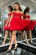 Sparkly Red Corset A-Line Short Homecoming Dress with Ruffles