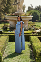 Chic Sky Blue One Shoulder Sleeveless Pleated Long Prom Dress With Bowknot