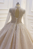 High Neck Long Sleeve Satin Ball Gown Wedding Dress with Sequins BM bride