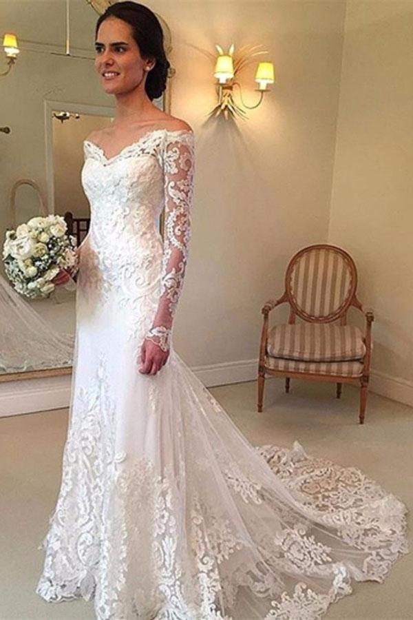 White Off the Shoulder Mermaid Lace Beach Wedding Dress with Long Sleeves and Captivating Charms BM bride