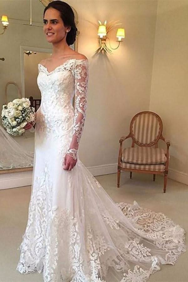 White Off the Shoulder Mermaid Lace Beach Wedding Dress with Long Sleeves and Captivating Charms BM bride