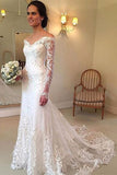 White Off the Shoulder Mermaid Lace Beach Wedding Dress with Long Sleeves and Captivating Charms BM bride