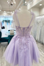 Purple Corset A-Line Tulle Short Flower Homecoming Dress with Lace Bmbride