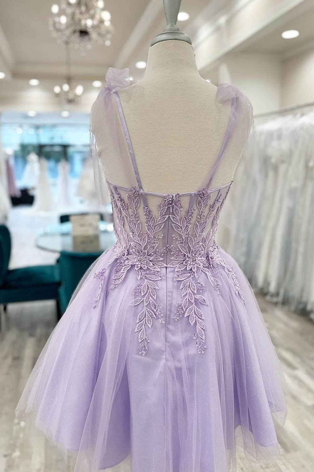 Purple Corset A-Line Tulle Short Flower Homecoming Dress with Lace Bmbride