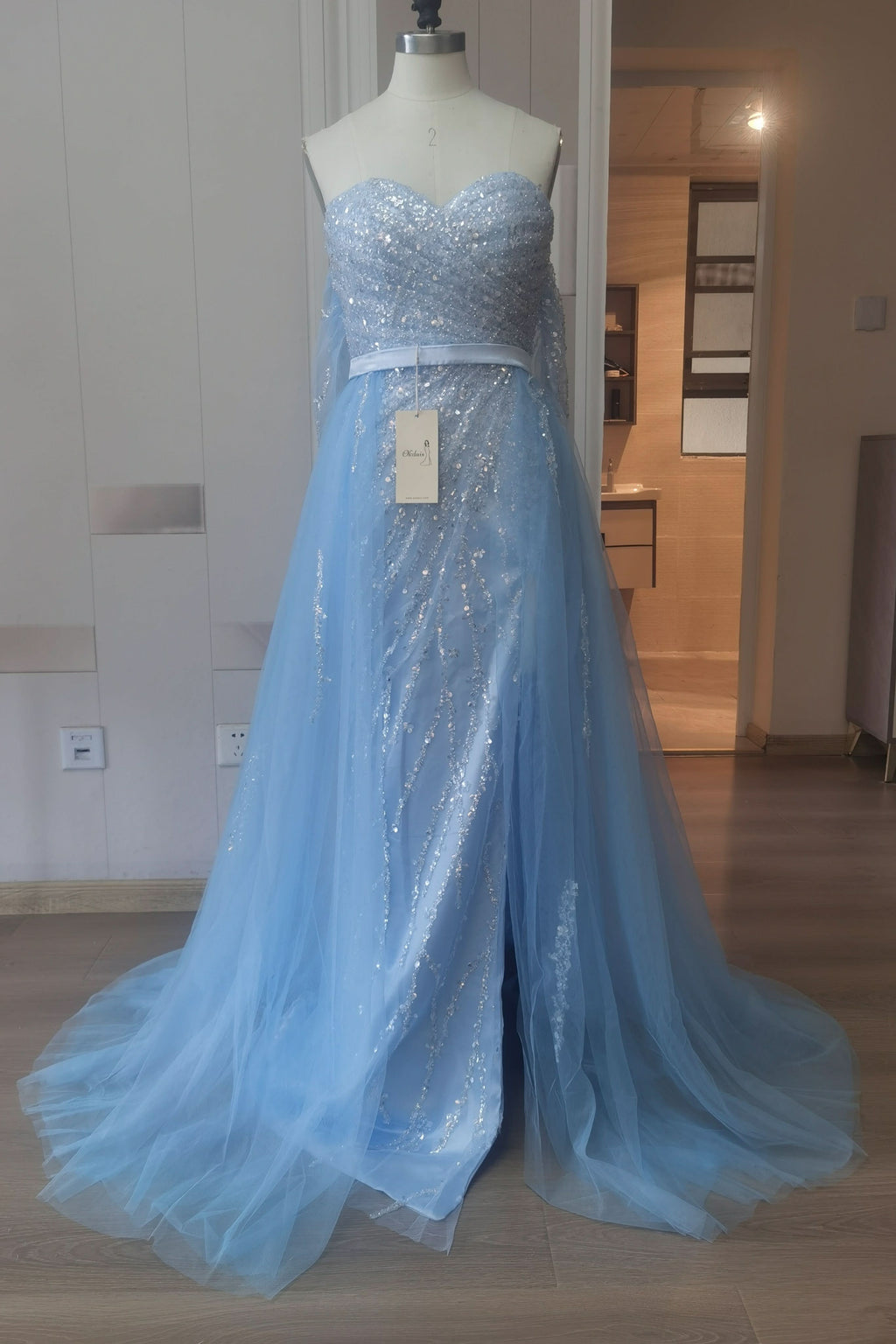 Off-the-Shoulder Sky Blue Prom Dress with Sequins and Slit BM bride