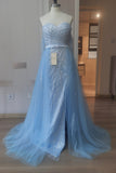 Off-the-Shoulder Sky Blue Prom Dress with Sequins and Slit BM bride