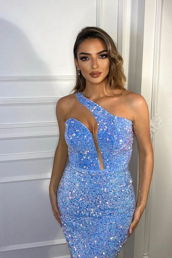 Baby Blue One-Shoulder Sequined Mermaid Prom Dress BM bride