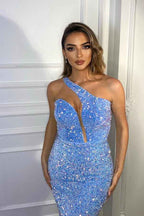 Baby Blue Sleeveless Prom Dress One Shoulder Mermaid Sequins