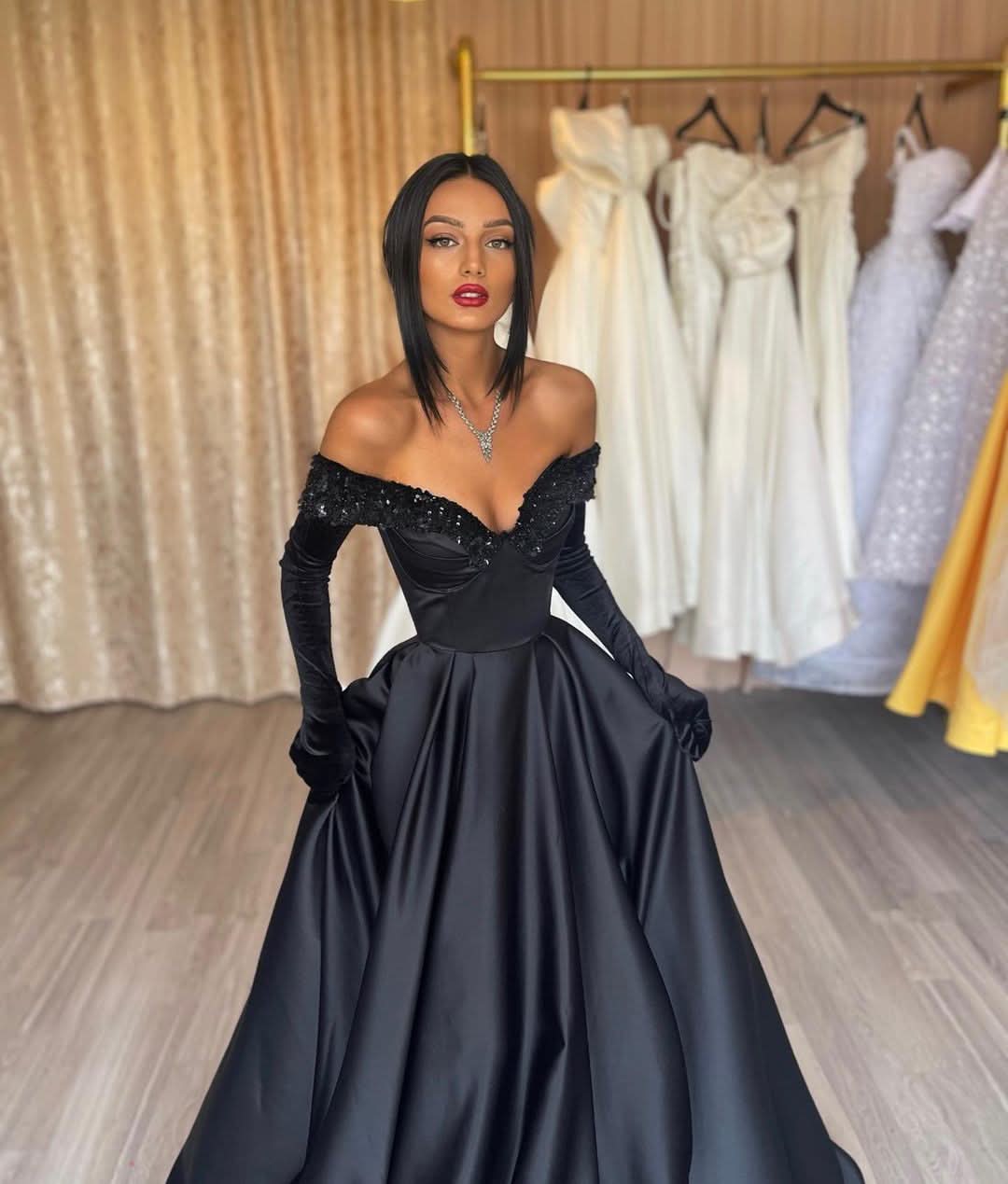 Black Strapless A-Line Prom Dress with Gloves in Charmeuse BM bride