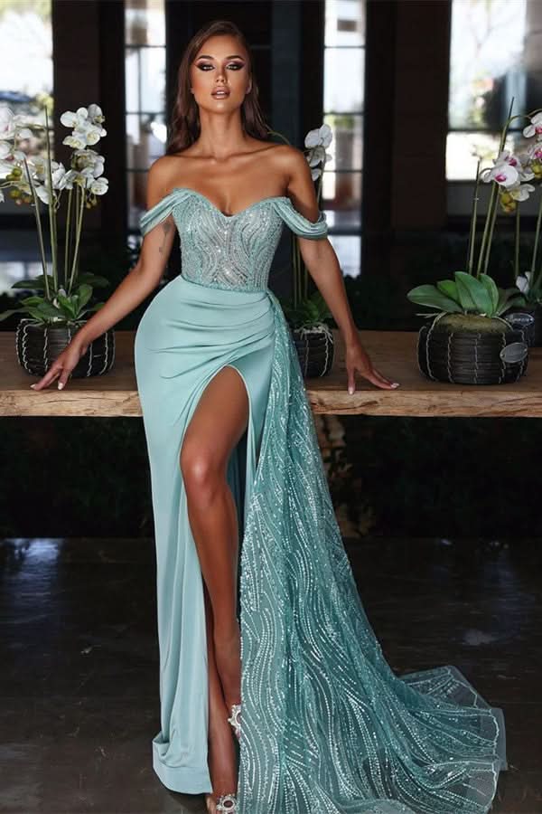 Light Blue Off-The-Shoulder Mermaid Evening Dress Long with Sequins and Split Ruffles BM bride