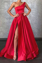 One Shoulder Red Prom Dress with Split and Pockets BM bride