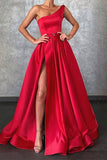 One Shoulder Red Prom Dress with Split and Pockets BM bride